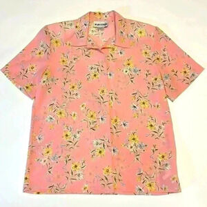 Vintage Joan Leslie Blouse Short Sleeve Button Up Pink Floral Flower Cottage Fun